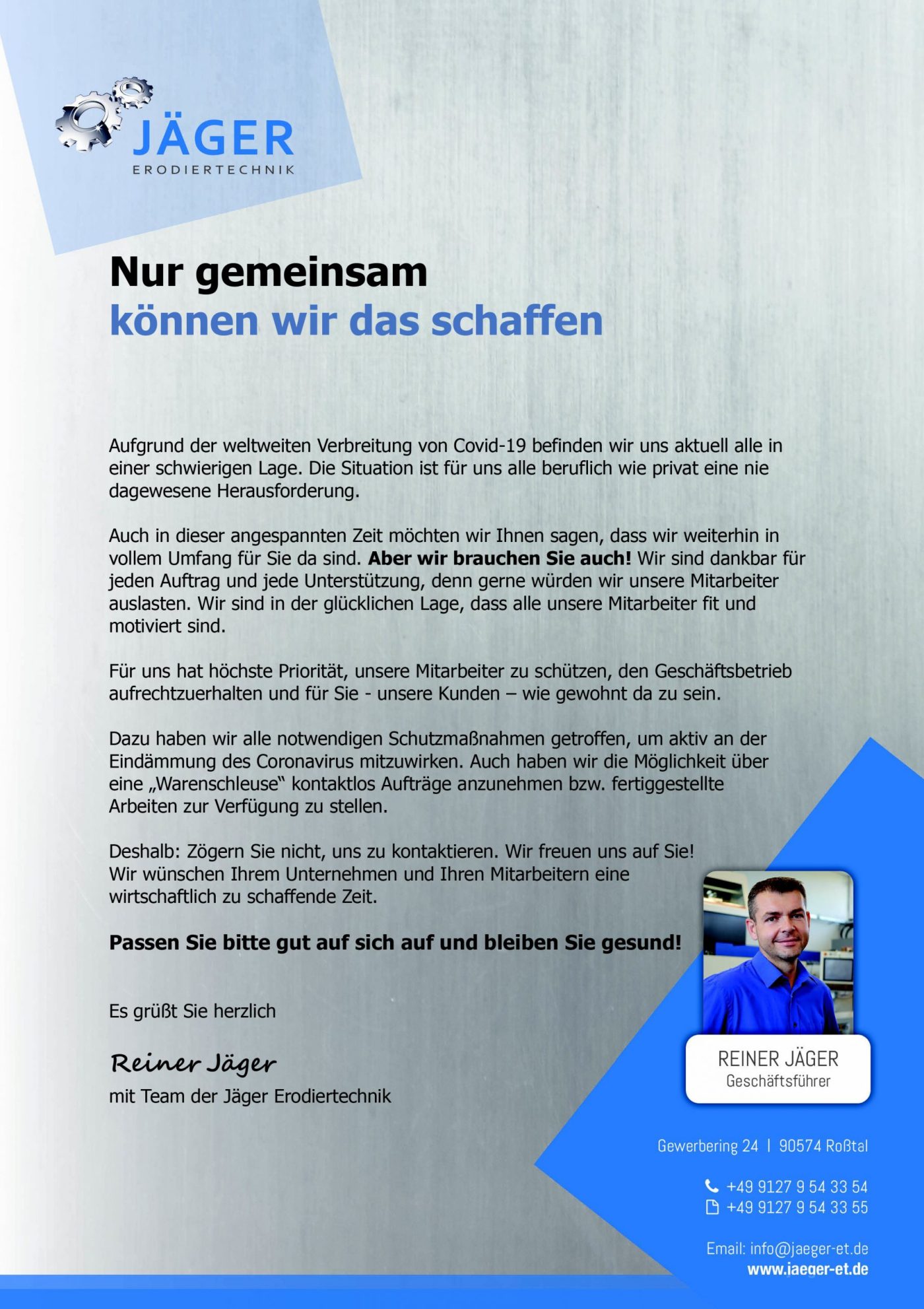 Kundenanschreiben von Jäger Erodiertechnik im März 2020